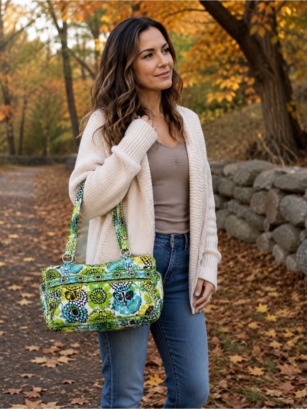 Vera Bradley Green Floral Quilted Cotton Triple Zip Shoulder Tote Handbag